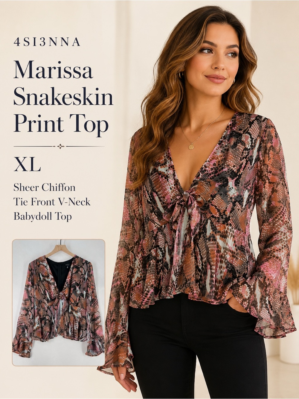4S13NNA Marissa‎ Snakeskin Print Sheer Chiffon Tie Front V-Neck Babydoll Top